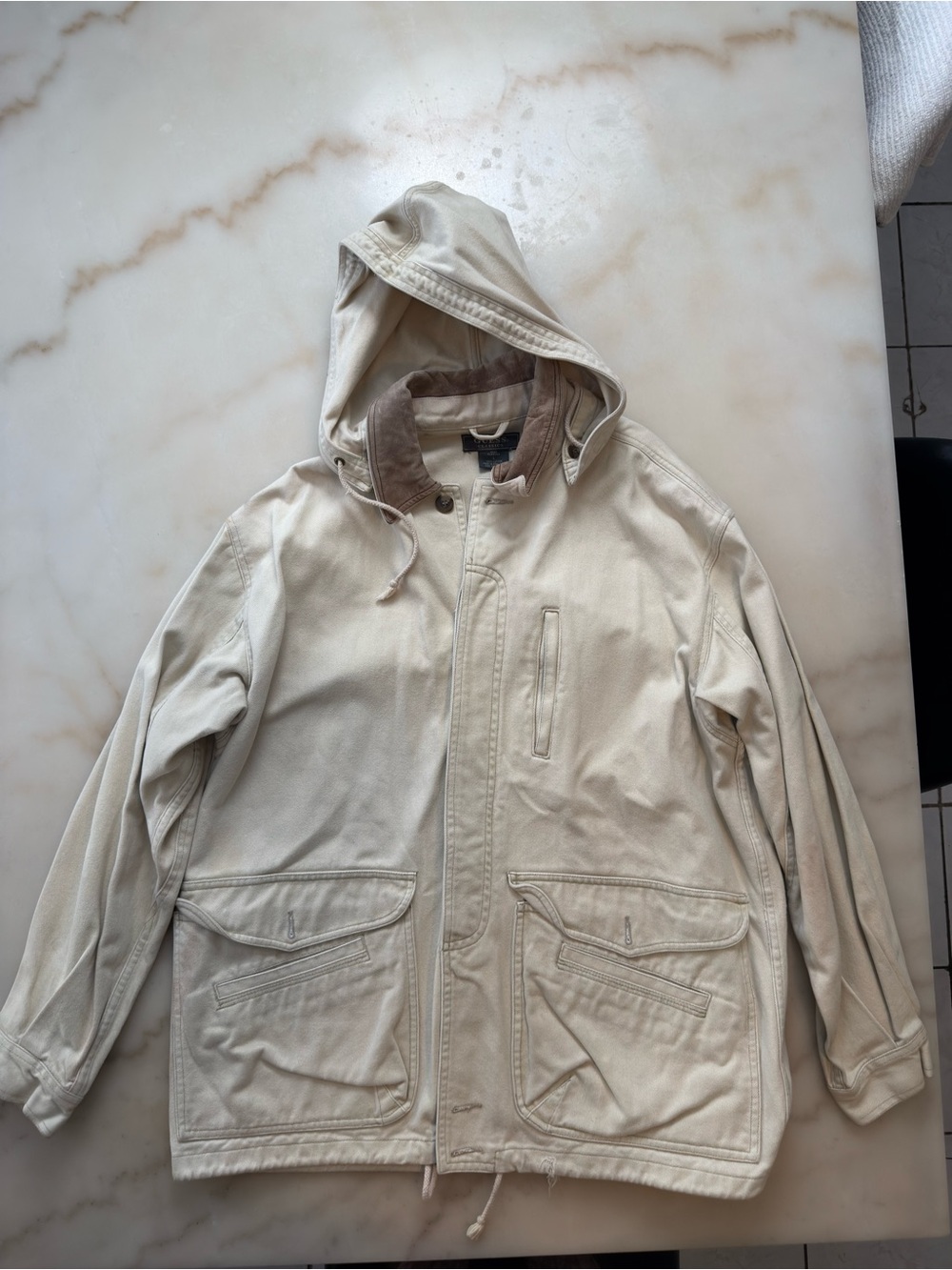 Vintage Guess Classics Cream Cotton Canvas Hooded Utility Chore Jacket Mens L